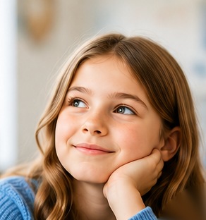 Een meisje kijkt peinzend opzij, met haar hand onder haar kin